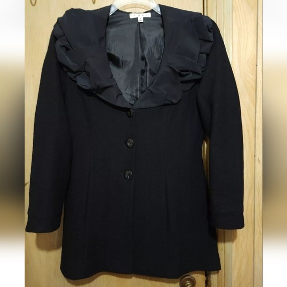 CAbi Black Wool Sweater Womens Size Sm Satin Ruffle Collar - Picture 9 of 11